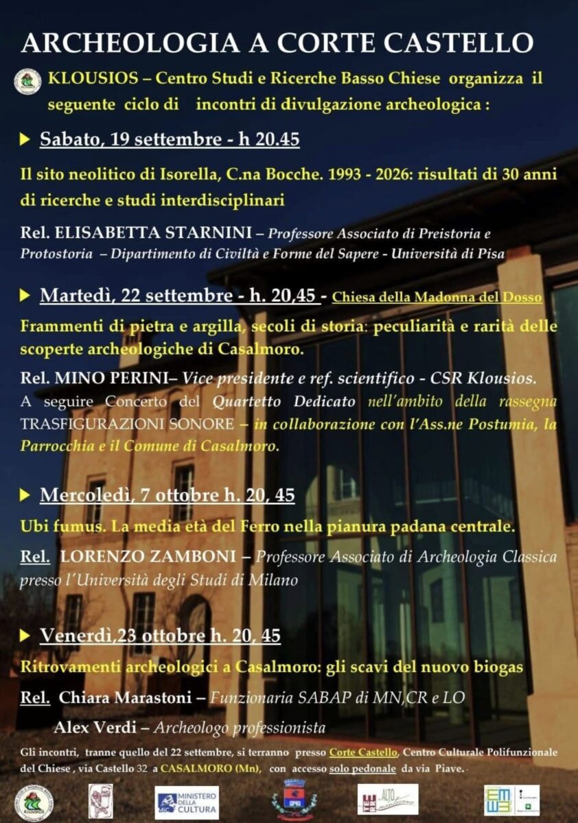 Locandina del ciclo di incontri Archeologia a Corte Castello, organizzato da Klousios a Casalmoro, 19 settembre - 23 ottobre